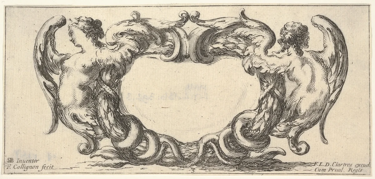 Plate 3: a cartouche with a woman with wings ending in a serpent's tail to left, seen from the front, a similar woman seen from the back to right, from "Twelve cartouches" (Recueil de douze cartouches) by François Collignon, print, 1640-1645