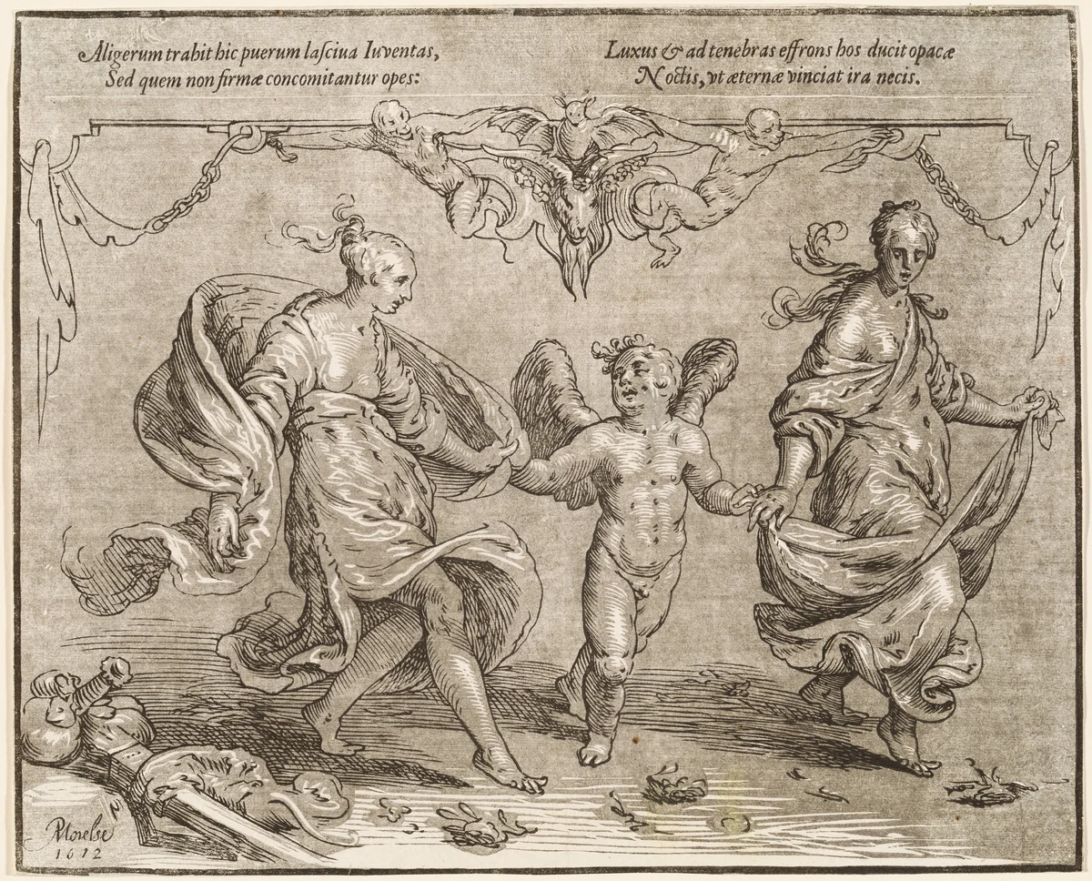 Cupid Dancing with Two Allegorical Women by Paulus Moreelse, print, 1612