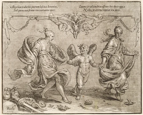 Cupid Dancing with Two Allegorical Women by Paulus Moreelse, print, 1612