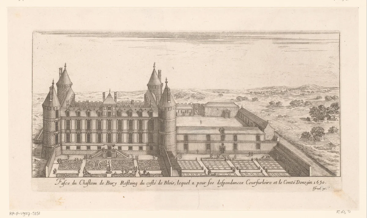 Gezicht op kasteel Bury vanaf de tuinen by Israël Silvestre, print, 1649