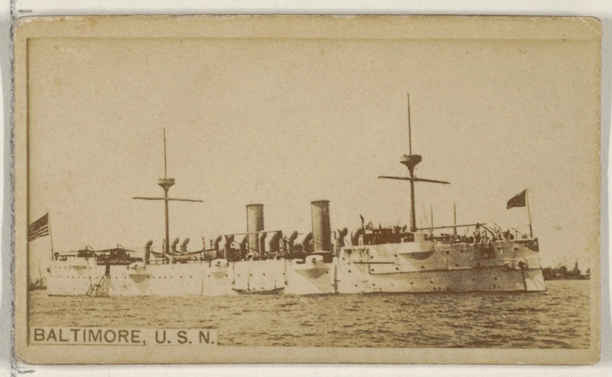Baltimore, U.S.N., from the Famous Ships series (N50) for Virginia Brights Cigarettes by Allen & Ginter, photograph, 1895