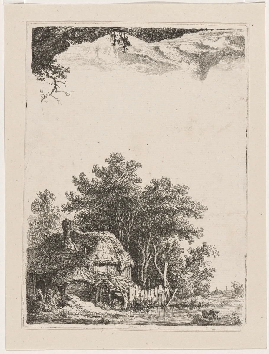 Landscape with Cottage on the Water / Two Men at the Ford by Franz Edmund Weirotter, print, 1760