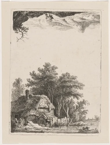Landscape with Cottage on the Water / Two Men at the Ford by Franz Edmund Weirotter, print, 1760
