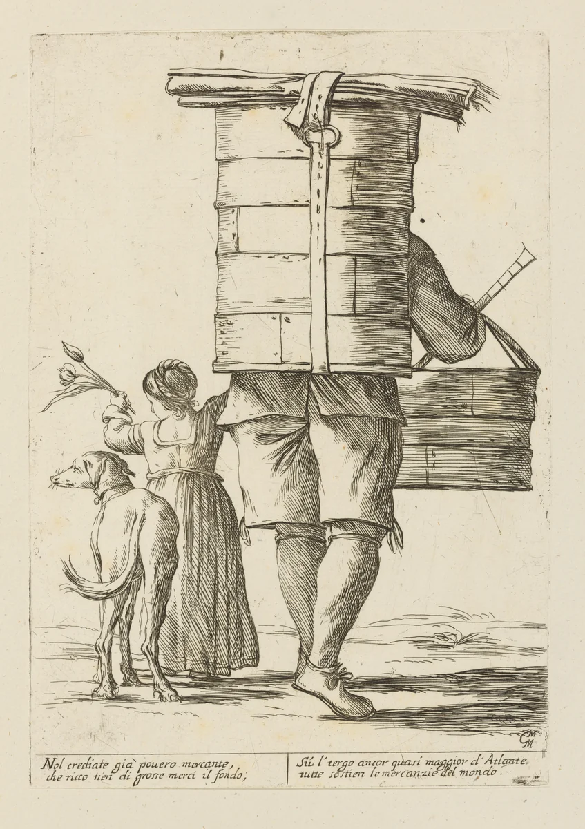 Vendor of Dry Goods, from Di Bologna l'Arti per via D'An.ibal' Ca.rac, plate 34 by Giuseppe Maria Mitelli, print, 1660