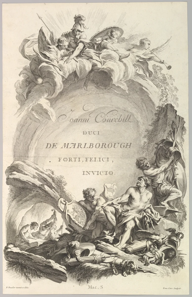 Frontispice pour le "Tombeau de John Churchill, duc de Marlborough" (Frontispiece for the "Tomb of John Churchill, Duke of Marlborough"), from Tombeaux des Princes, des Grands Capitaines et autres Hommes illustres (Tombs of Princes, Great Captains, and other Illustrious Men) by Laurent Cars, print, 1731-1741