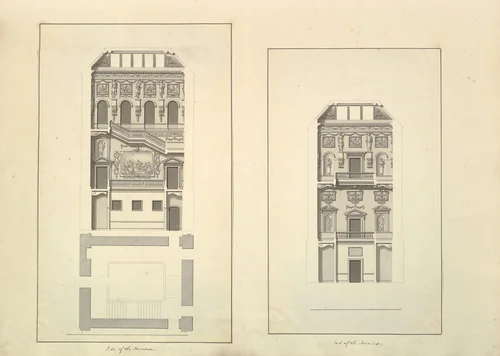 Leaf from Aedes Walpolianae mounted with two drawings: Side of the Staircase, Houghton Hall, Norfolk, Elevation (recto); End of Staircase, Houghton Hall, Norfolk (verso) by Isaac Ware, drawing, 1735