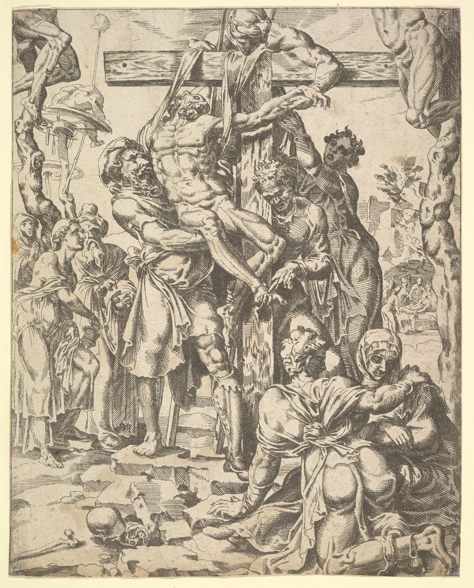 The Descent from the Cross, from The Fall and Salvation of Mankind through the Life and Passion of Christ, plate 27 by Dirck Volckertsz. Coornhert, print, 1548