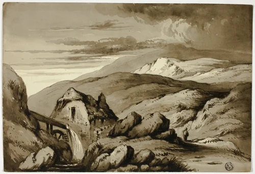 Mountainous Landscape with Watermill by John Varley, drawing, 1815-1836
