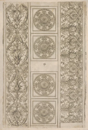 Sheet of border segments: vertical floral ornament, horizontal frieze, four corners by Francesco Rosselli, print, 1490-1500
