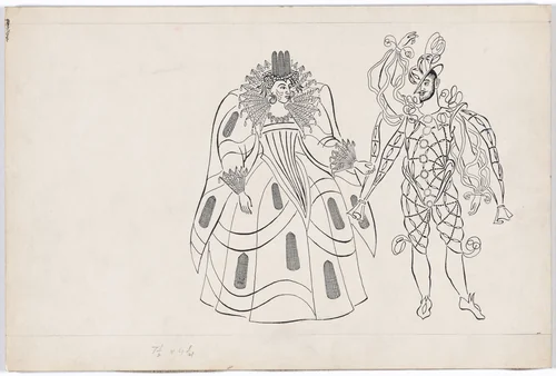 Pocahontas and John Smith. Costume design for the ballet Pocahontas by Karl Free, drawing, 1936