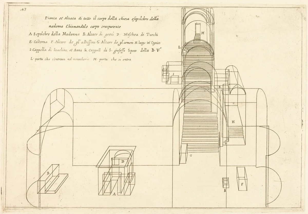 Plan and Elevation of the Church of the Madonna's Sepulchre by Jacques Callot, print, 1619