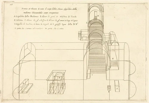 Plan and Elevation of the Church of the Madonna's Sepulchre by Jacques Callot, print, 1619