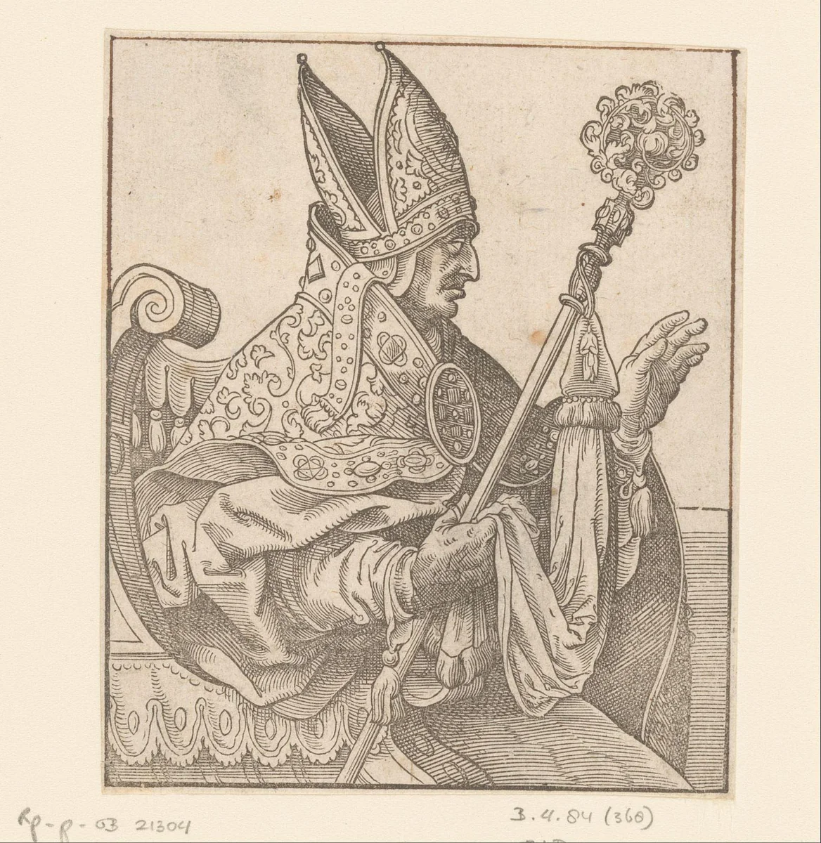 Zittende zegenende bisschop by anonymous, print, 1580