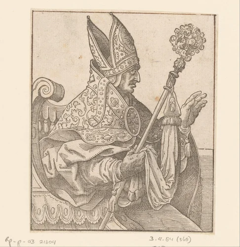 Zittende zegenende bisschop by anonymous, print, 1580