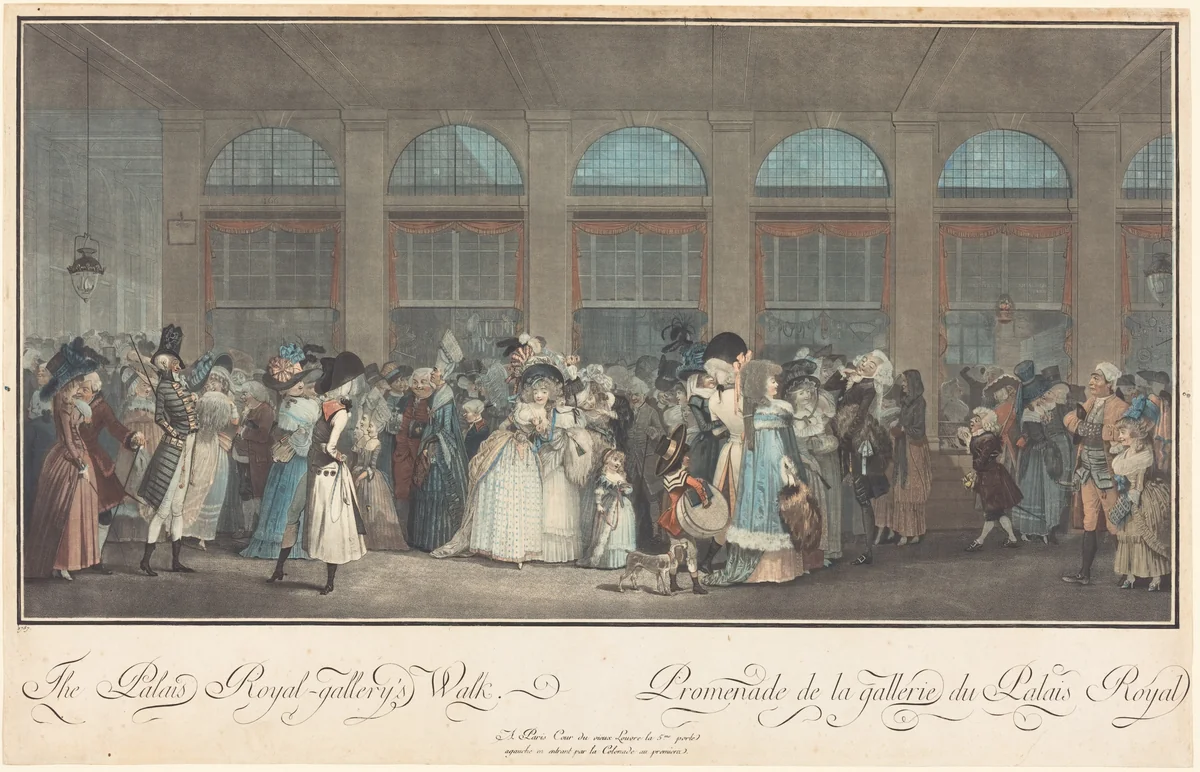 The Palais Royal - Gallery's Walk / Promenade de la Galerie du Palais Royal by Philibert-Louis Debucourt; Claude-Louis Desrais, print, 1787