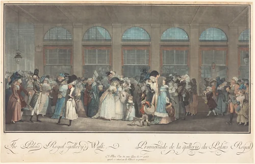 The Palais Royal - Gallery's Walk / Promenade de la Galerie du Palais Royal by Philibert-Louis Debucourt; Claude-Louis Desrais, print, 1787