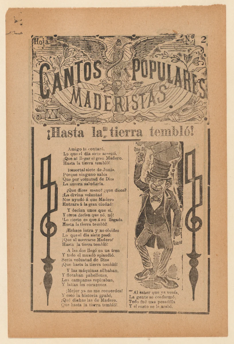 Broadsheet celebrating one of the founders of the Mexican Revolution, Francisco Madero, shown in a suit and top hat pointing to the phrases 'Que Si' and 'Que No' by José Guadalupe Posada, print, 1906-1916