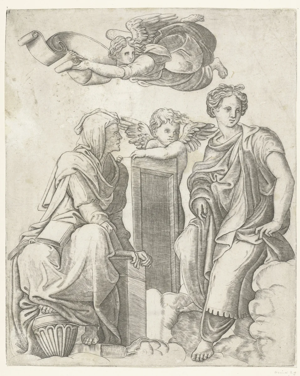 Twee sibyllen en engel en putto by Unknown, print, 1511-1520