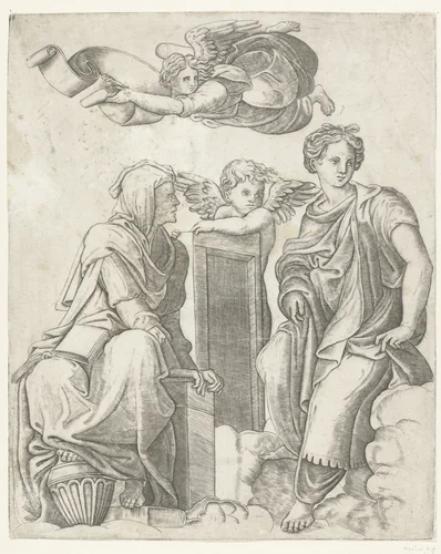 Twee sibyllen en engel en putto by Unknown, print, 1511-1520