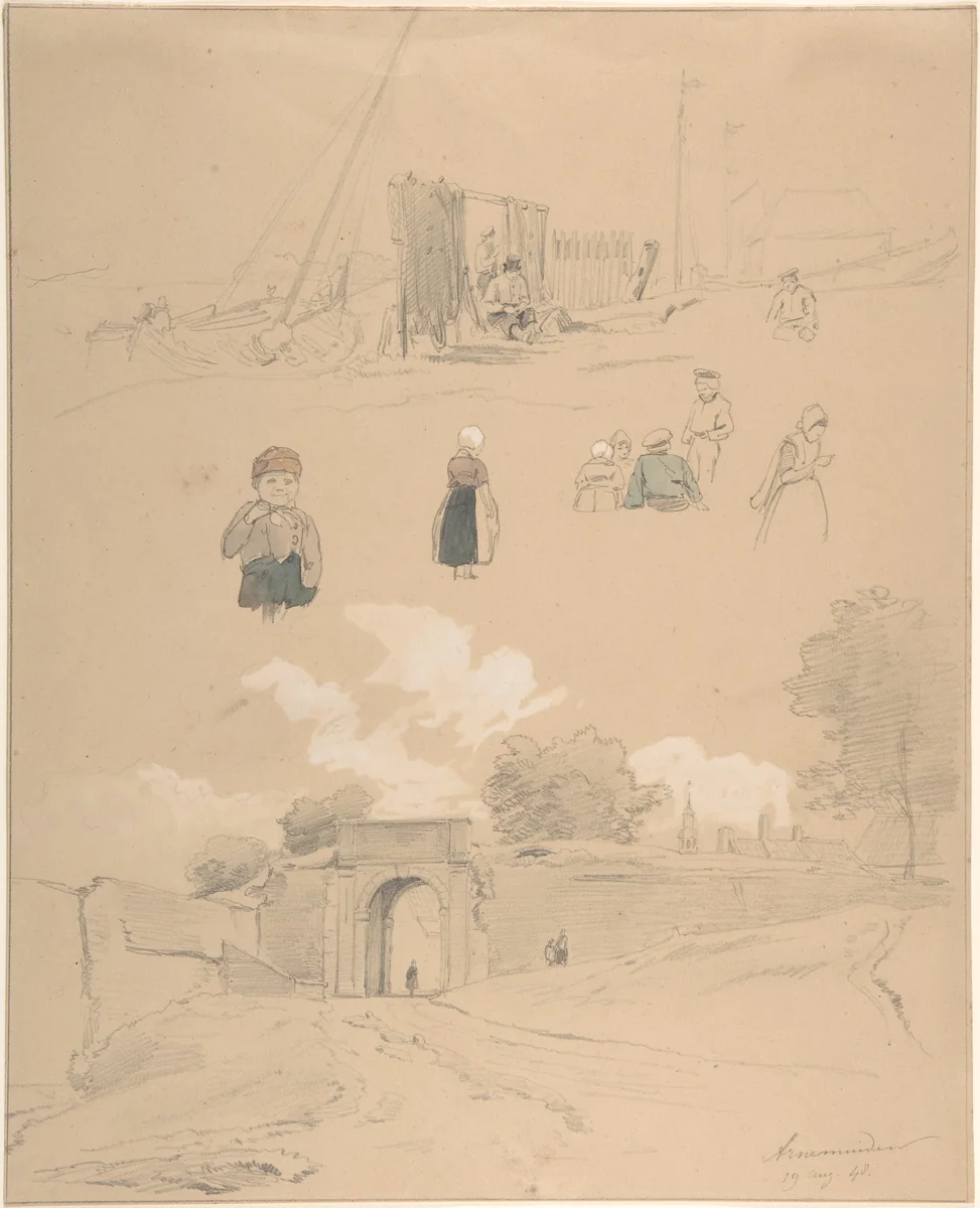 Study Sheet with Figures and Landscapes at Arnemuiden (near Middelburg, The Netherlands) by Pierre Louis Dubourcq, drawing, 1830-1873