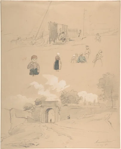 Study Sheet with Figures and Landscapes at Arnemuiden (near Middelburg, The Netherlands) by Pierre Louis Dubourcq, drawing, 1830-1873