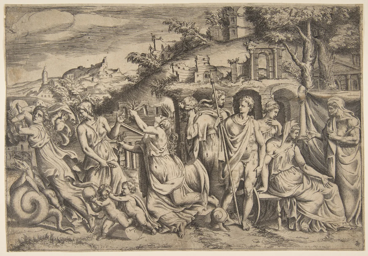 The story of Jason and Medea at the left she carries off her son, in the middle she is shown in her madness, Jason stands at the right by Giulio Bonasone, print, 1531-1576