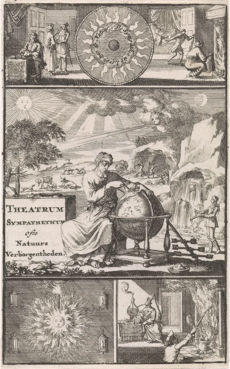 Geleerde maakt met een passer afmetingen op een globe by Jan Luyken, print, 1697