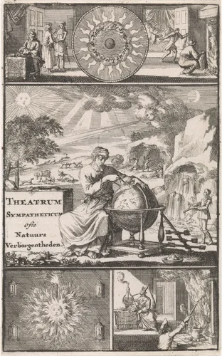 Geleerde maakt met een passer afmetingen op een globe by Jan Luyken, print, 1697