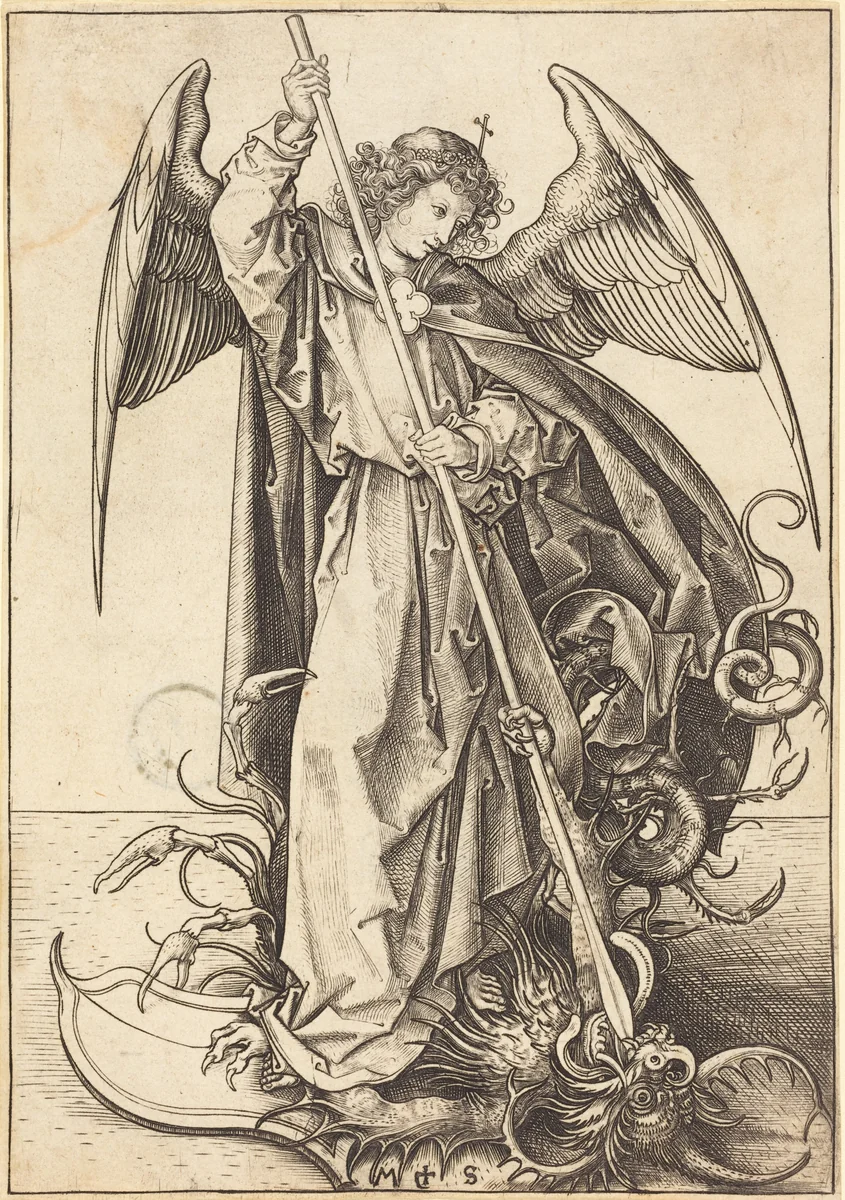 Saint Michael Slaying the Dragon by Martin Schongauer, print, 1480-1490