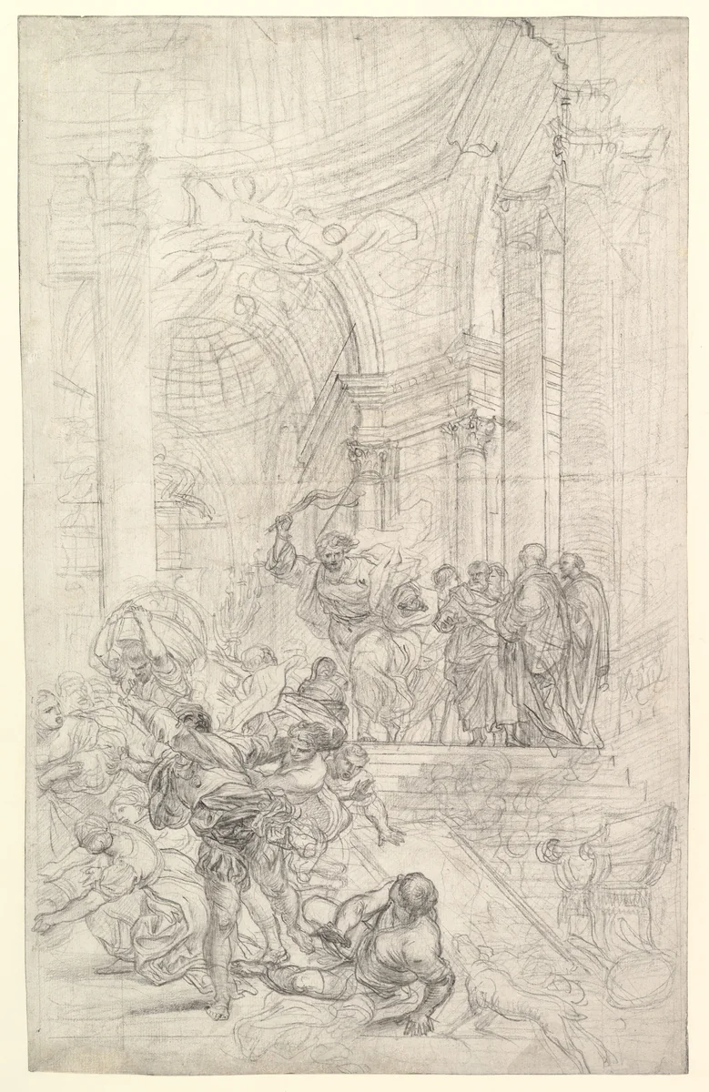 Christ Driving the Money Changers from the Temple by Lorenzo de' Ferrari, drawing, 1680-1744