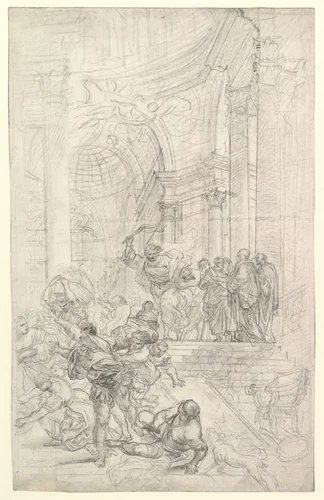 Christ Driving the Money Changers from the Temple by Lorenzo de' Ferrari, drawing, 1680-1744