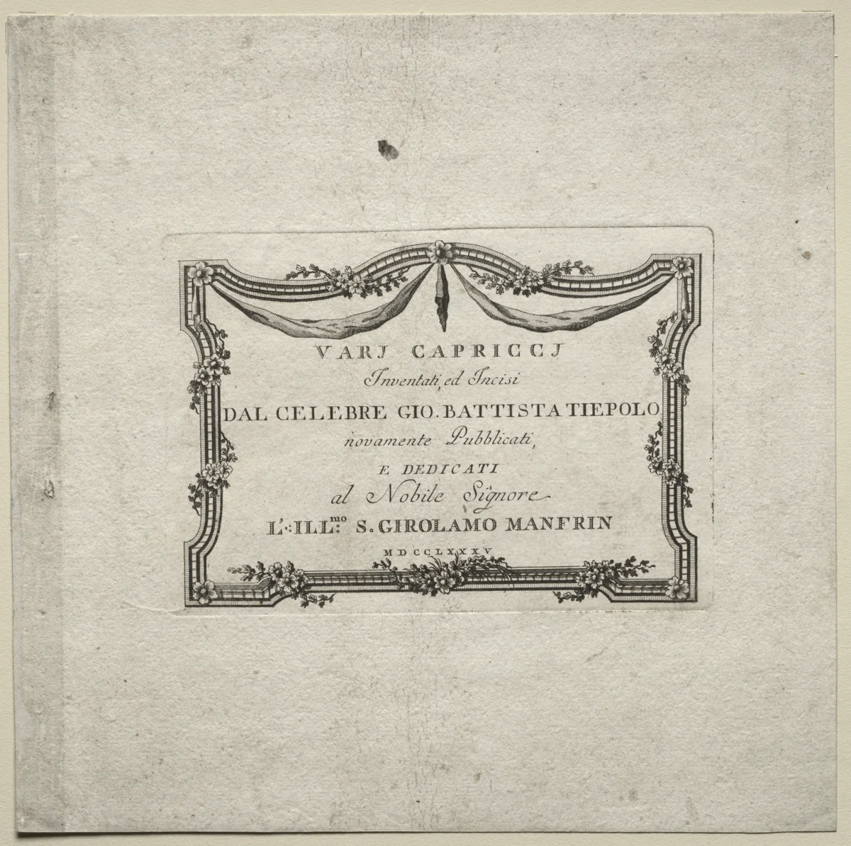 Various Caprices: Title Page by Giovanni Battista Tiepolo, print, 1785