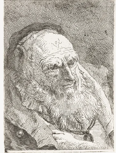 Oude man met hand onder mantel gestoken by Giovanni Domenico Tiepolo, print, 1771-1774