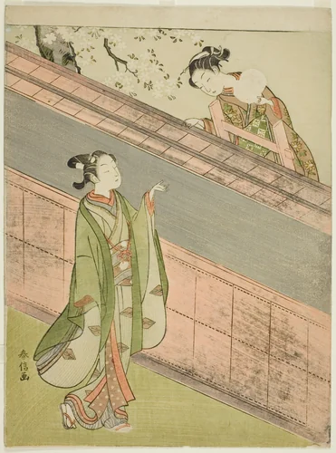 A Young Woman Returning a Ball to a Young Man by Suzuki Harunobu (鈴木春信), print, 1762-1770