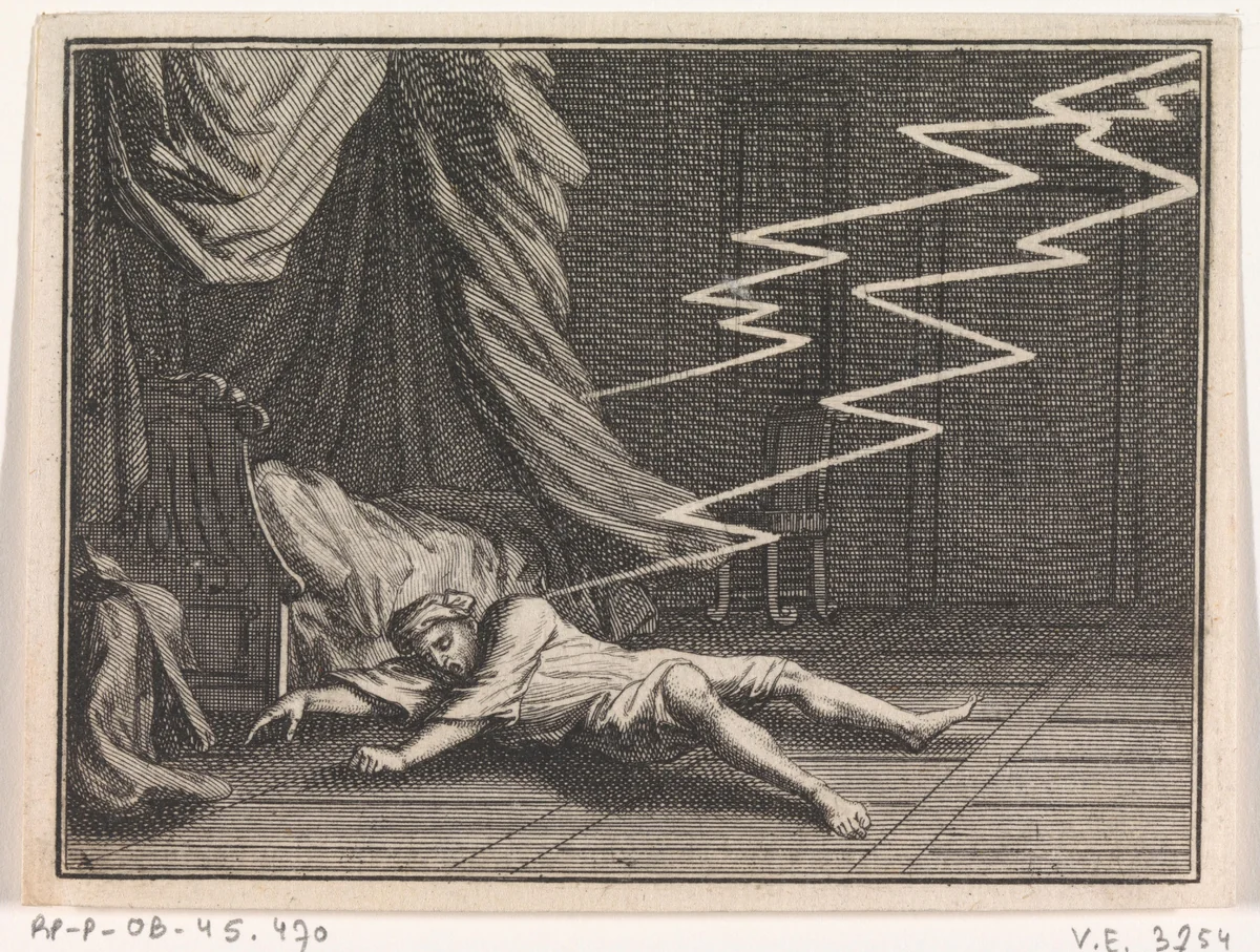 Man wordt dodelijk door een bliksemschicht getroffen by Caspar Luyken, print, 1710