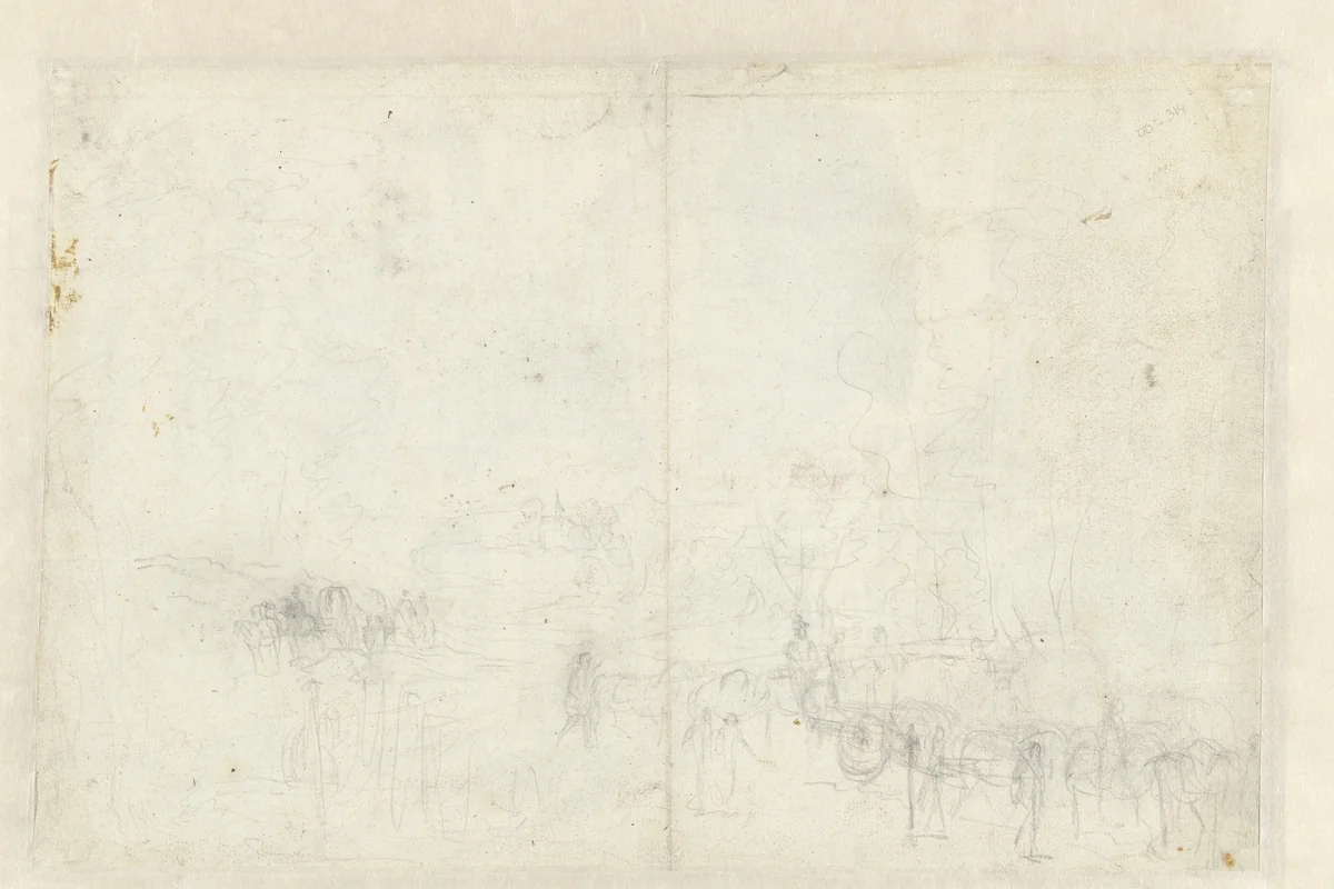 Schets van een landschap met een rijtuig en een huifkar by anonymous, drawing, 1600-1699