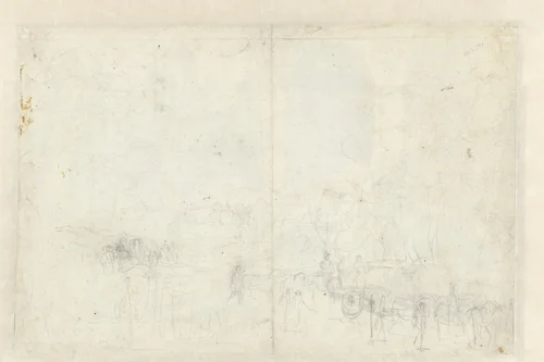 Schets van een landschap met een rijtuig en een huifkar by anonymous, drawing, 1600-1699