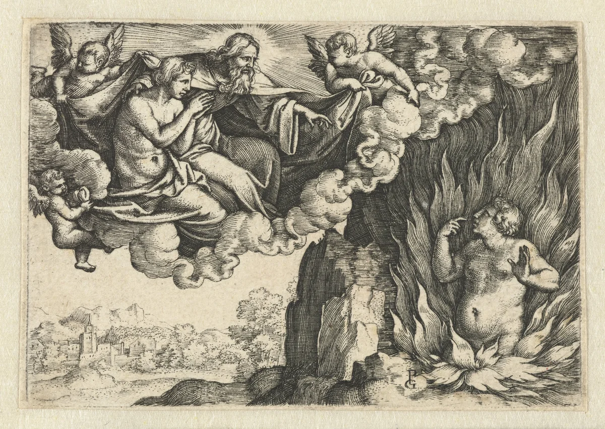 Rijke man in de hel en Lazarus in de hemel bij  Abraham by Unknown, print, 1542-1543
