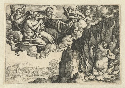 Rijke man in de hel en Lazarus in de hemel bij  Abraham by Unknown, print, 1542-1543