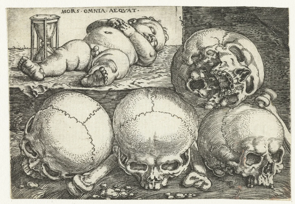Slapend kind met zandloper en vier schedels by Barthel Beham, print, 1512-1540