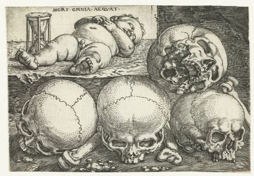Slapend kind met zandloper en vier schedels by Barthel Beham, print, 1512-1540