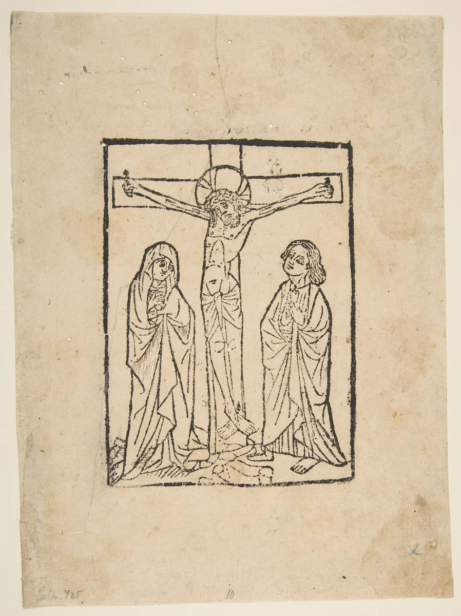 Christ on the Cross, with the Virgin and Saint John by anonymous, print, 1400-1500