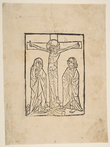 Christ on the Cross, with the Virgin and Saint John by anonymous, print, 1400-1500