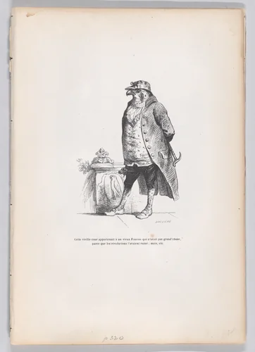 This old court apparently has an old falcon..., from "Scenes from the Private and Public Life of Animals" by J. J. Grandville, print, 1832-1852