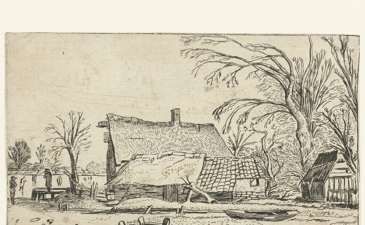 Boerderij bij een bevroren rivier by anonymous, print, 1616-1680