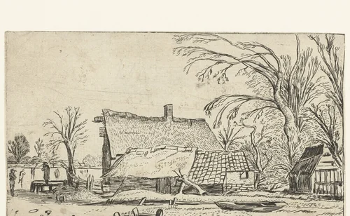 Boerderij bij een bevroren rivier by anonymous, print, 1616-1680