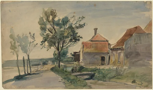 A Stream Running between Houses and a Road by Johan Barthold Jongkind, drawing, 1819-1891