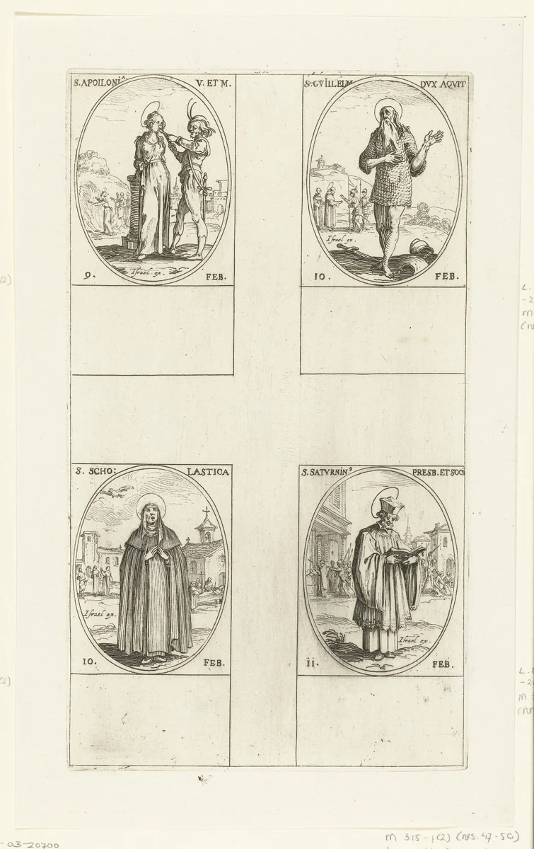 Heilige Apollonia, Heilige Willem van Aquitanië, Heilige Scholastica, Heilige Saturninus (9-11 februari) by Jacques Callot, print, 1632-1636