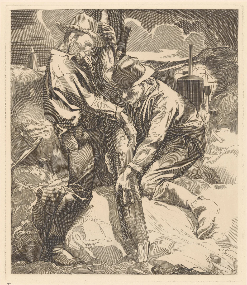 Bouwarbeiders bezig met heiwerk by Johannes Josephus Aarts, print, 1881-1934