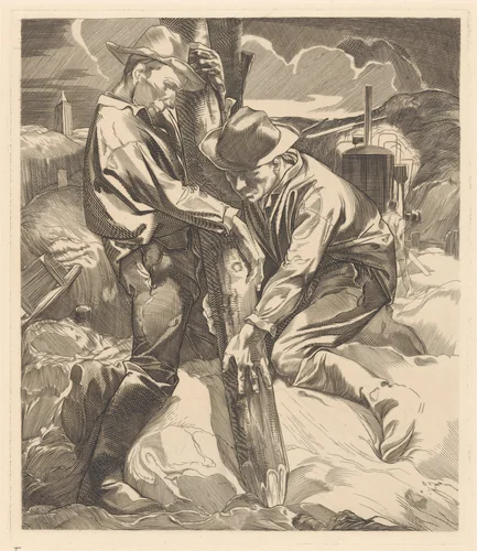 Bouwarbeiders bezig met heiwerk by Johannes Josephus Aarts, print, 1881-1934